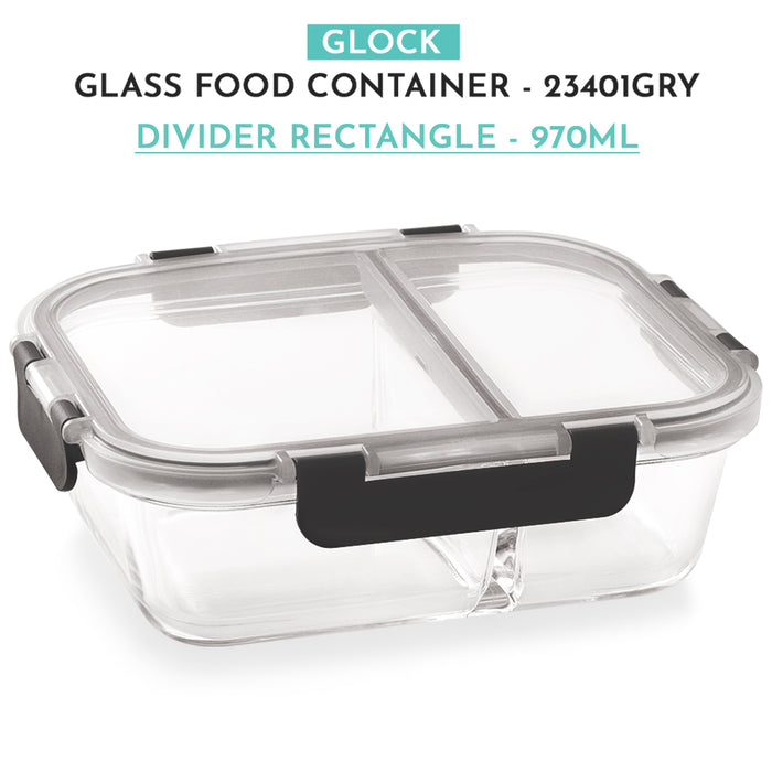 Glock Glass Food Divider Rectangle Container with Break-Free Detachable Lock, Oven & Microwave Safe Borosilicate Glass - 970ML