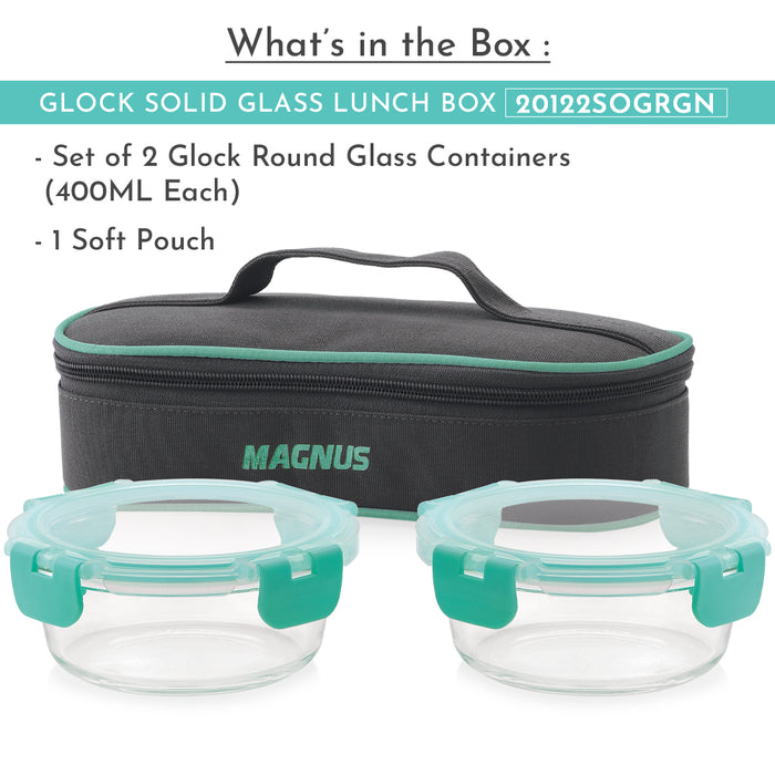 Magnus Glock Solid Glass Lunch Box with Flat Pouch, 2 Round Borosilicate Glass Containers, 800ML