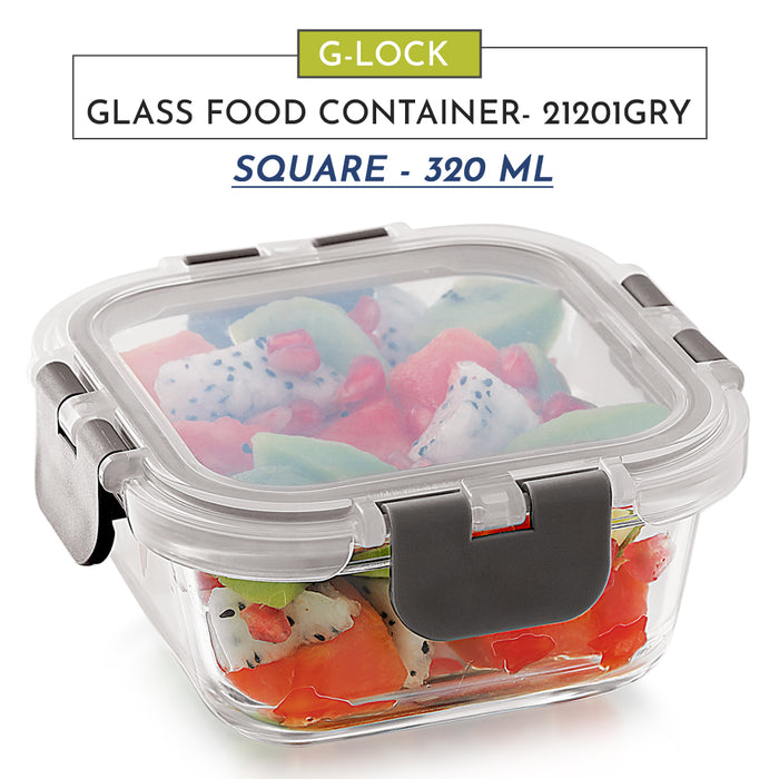 Magnus G-Lock Glass Food Square Container with Break-Free Detachable Lock, 320ML - Oven & Microwave Safe Borosilicate Glass Lunch Box, Kitchen Essentials, Lunch Boxes for Office Men