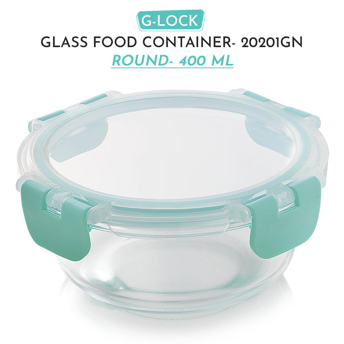 Magnus G-Lock Glass Food Round Container with Break-Free Detachable Lock, 400ML Borosilicate Glass, Oven & Microwave Safe Lunch Box, Kitchen Essentials, Lunch Boxes for Office Men | Green