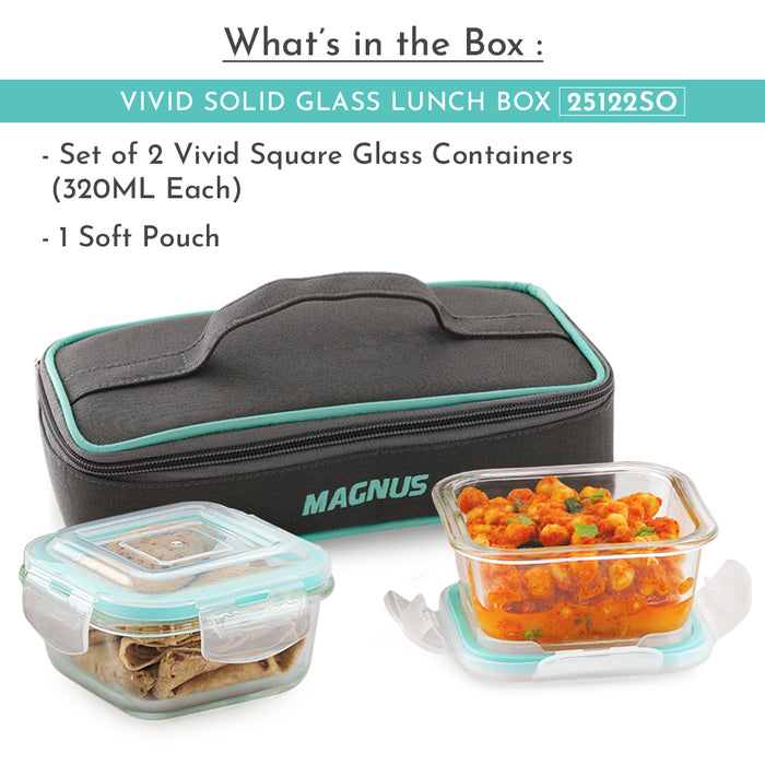 Magnus Vivid Glass Lunch Box with Flat Pouch and Fixed Clip, Includes 2 Square Airtight, Leakproof, Microwave Safe Borosilicate Glass Containers, 320 ML Each