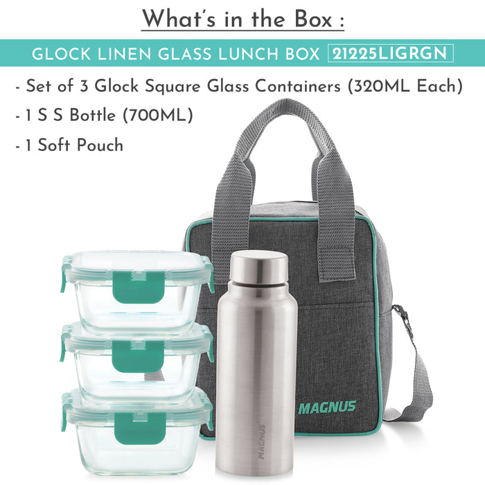 Magnus Glock Linen Glass Lunch Box with Vertical Pouch, 3 Square Borosilicate Glass Containers + 1 SS Bottle , 1660 ML Each