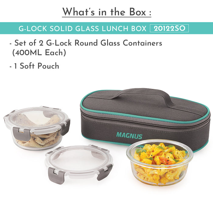 Magnus Glock Solid Glass Lunch Box with Flat Pouch and Fixed Clip, Includes 2 Round Airtight, Leakproof, Microwave Safe Borosilicate Glass Containers, 400 ML Each