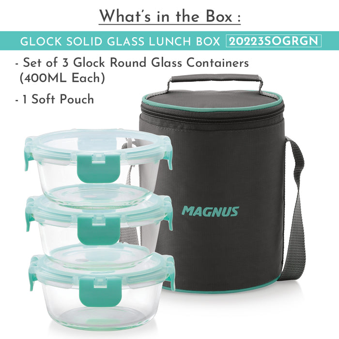 Magnus Glock Solid Glass Lunch Box with Vertical Pouch, 3 Round Borosilicate Glass Containers, 1200ML