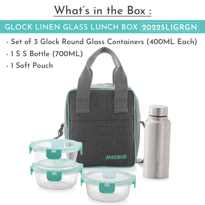 Magnus Glock Linen Glass Lunch Box with Flat Pouch, 3 Round Borosilicate Glass Containers + 1 SS Bottle, 1900ML