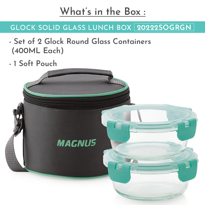 Magnus Glock Solid Glass Lunch Box with Vertical Pouch, 2 Round Borosilicate Glass Containers, 800ML