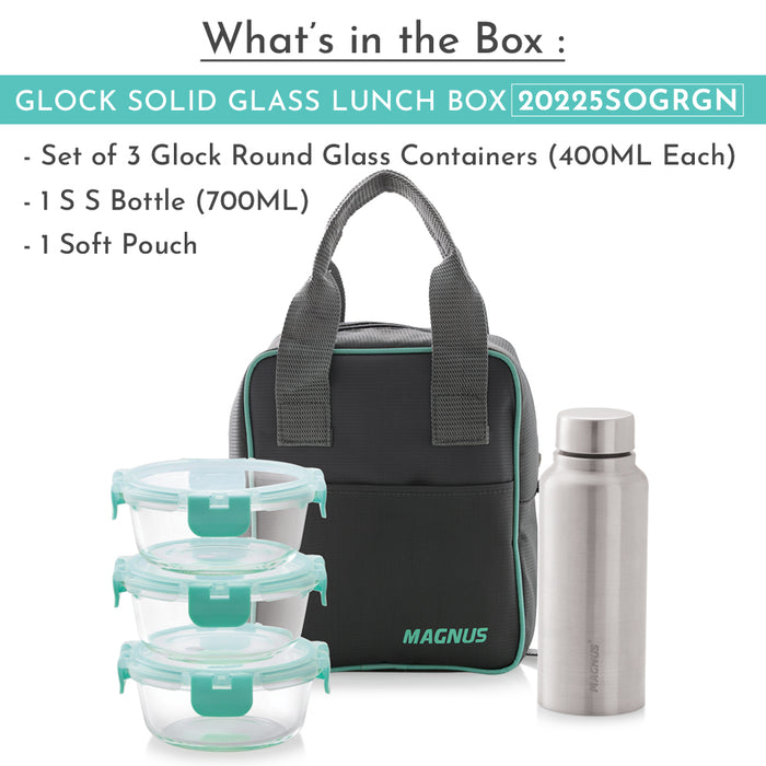 Magnus Glock Solid Glass Lunch Box with Flat Pouch, 3 Round Borosilicate Glass Containers + 1 SS Bottle, 1900ML