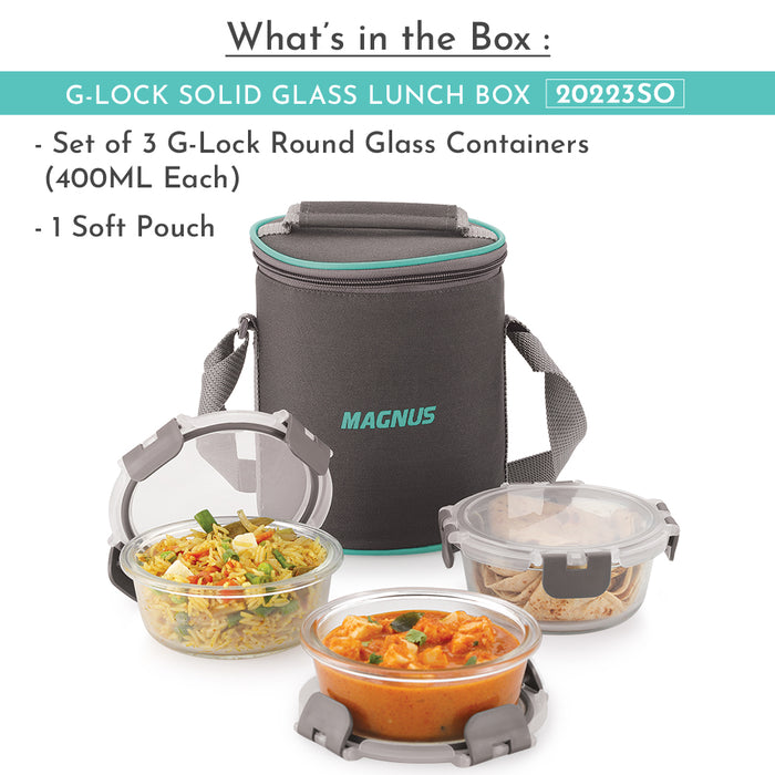 Magnus Glock Solid Glass Lunch Box with Vertical Pouch and Fixed Clip, Includes 3 Round Airtight, Leakproof, Microwave Safe Borosilicate Glass Containers, 400 ML Each