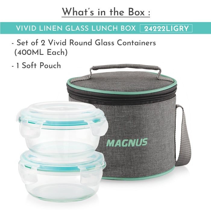 Magnus Vivid Glass Lunch Box with Linen Vertical Pouch and Fixed Clip, Includes 2 Round Airtight, Leakproof, Microwave Safe Borosilicate Glass Containers, 400 ML Each - Premium Lunch Boxes