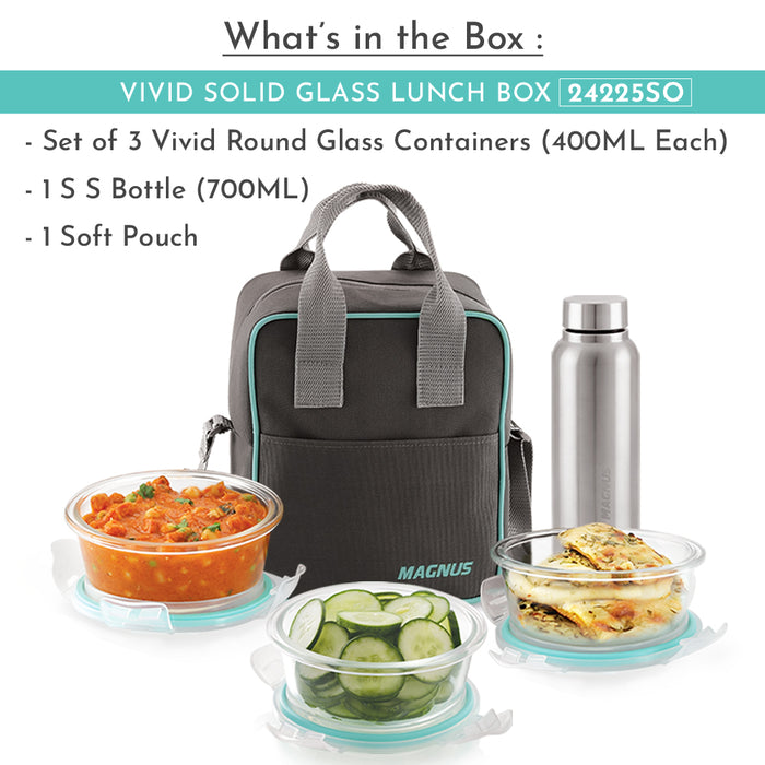 Magnus Vivid Glass Lunch Box with Vertical Pouch and Fixed Clip, 1 S S Bottle ( 700ml ) and 3 Round Airtight, Leakproof, Microwave Safe Borosilicate Glass Containers, 400 ML Each