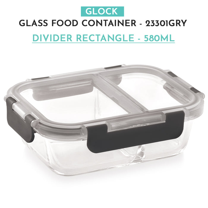 Glock Glass Food Divider Rectangle Container with Break-Free Detachable Lock, Oven & Microwave Safe Borosilicate Glass - 580ML