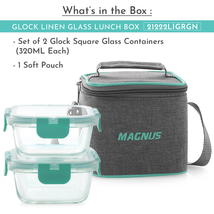 Magnus Glock Linen Glass Lunch Box with Vertical Pouch, 2 Square Borosilicate Glass Containers, 640 ML Each