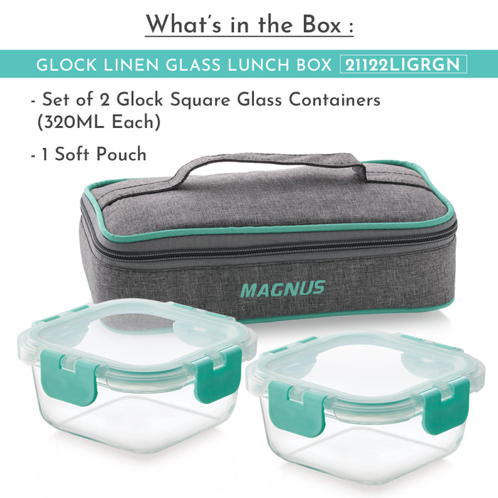 Magnus Glock Linen Glass Lunch Box with Flat Pouch, 2 Square Borosilicate Glass Containers, 640 ML Each