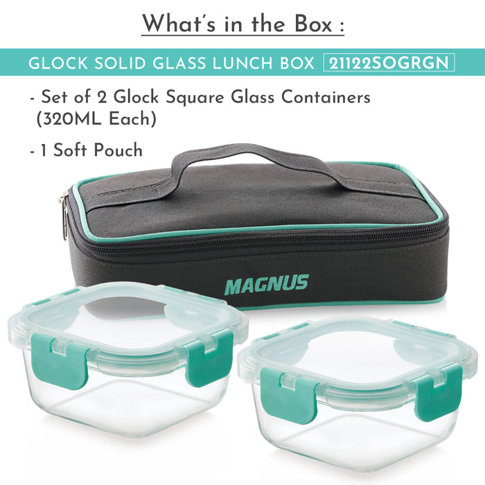 Magnus Glock Solid Glass Lunch Box with Flat Pouch, 2 Square Borosilicate Glass Containers, 640 ML Each