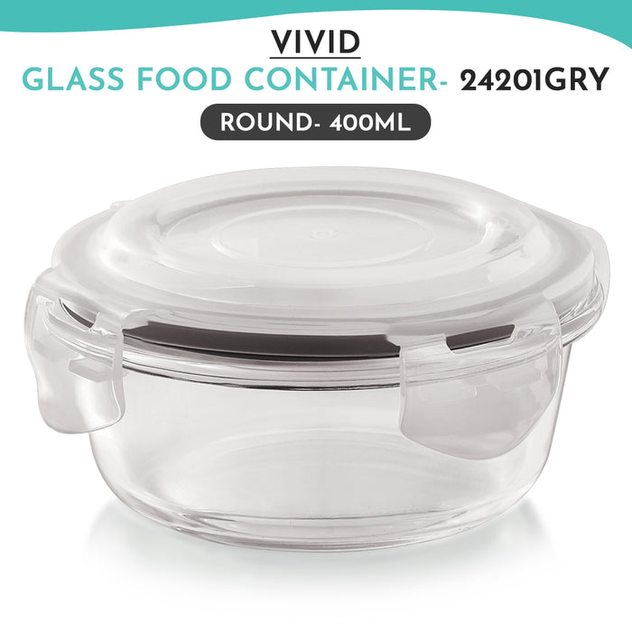 Vivid Glass Food Round Container with Break-Free Detachable Lock – Oven & Microwave Safe Borosilicate Glass - 400ML