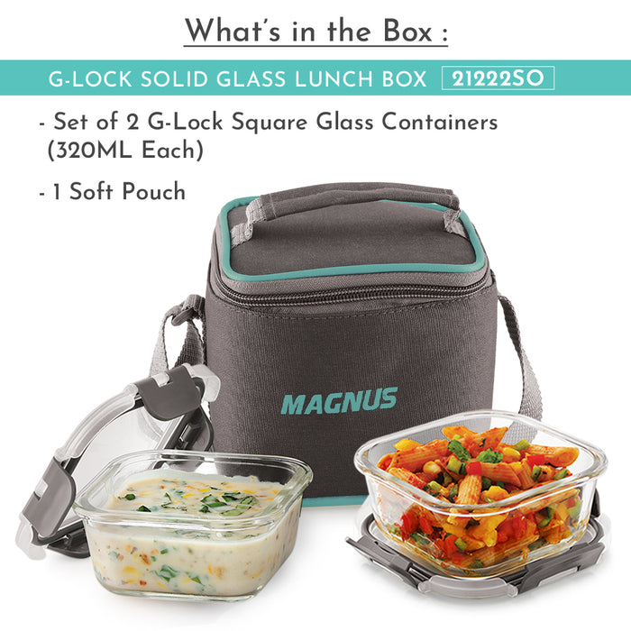 Magnus Glock Solid Glass Lunch Box with Vertical Pouch and Fixed Clip, Includes 2 Square Airtight, Leakproof, Microwave Safe Borosilicate Glass Containers, 320 ML Each