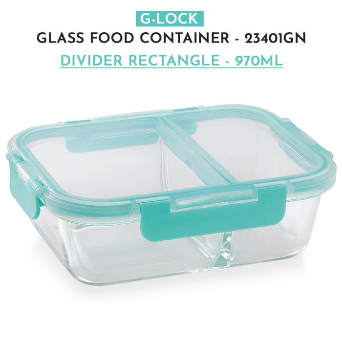 Glock Glass Food Divider Rectangle Container with Break-Free Detachable Lock, Oven & Microwave Safe Borosilicate Glass - 970ML | Green