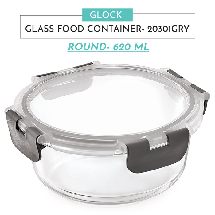 Magnus Glock Glass Food Round Container with Break-Free Detachable Lock – 620ML Borosilicate Glass, Oven & Microwave Safe Lunch Box – Kitchen Essentials for Office Men