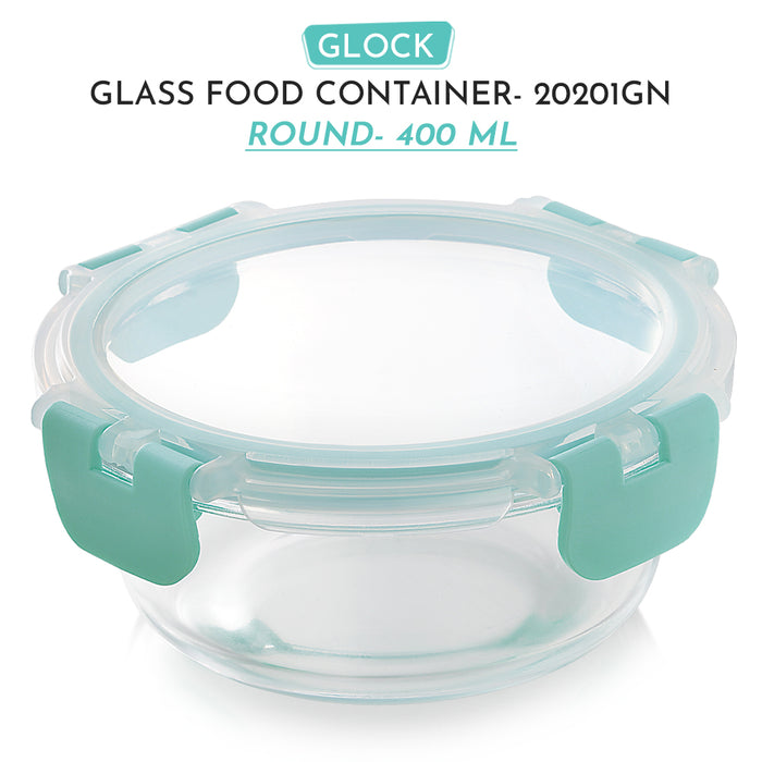 Magnus Glock Glass Food Round Container with Break-Free Detachable Lock, 400ML Borosilicate Glass, Oven & Microwave Safe Lunch Box, Kitchen Essentials, Lunch Boxes for Office Men | Green