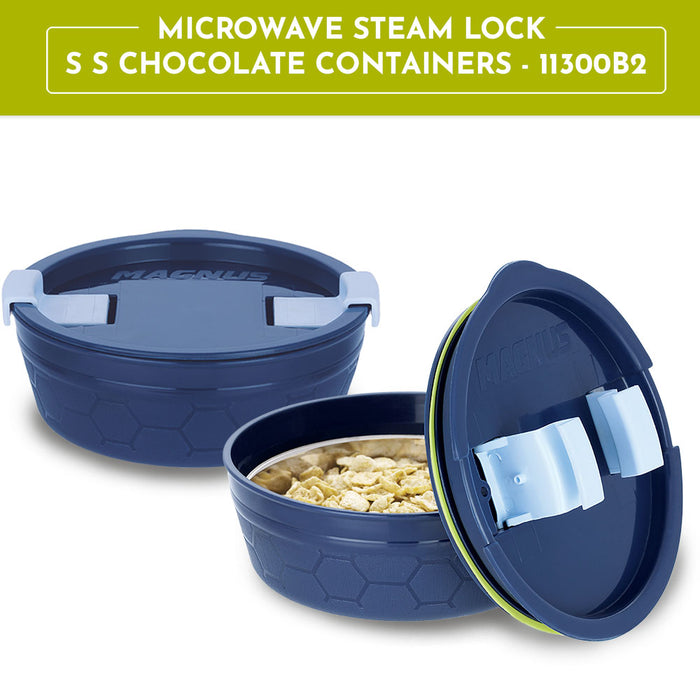 Magnus Microwave Safe Stainless-Steel Steam Lock Kitchen Food Storage Containers with Lid (150 ML) Blue Set of 2