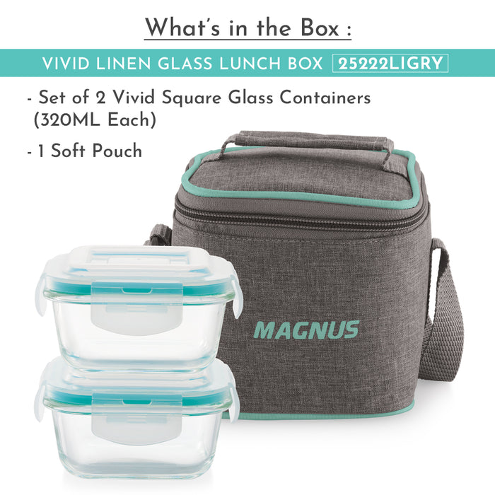 Magnus Vivid Glass Lunch Box with Linen Vertical Pouch and Fixed Clip, Includes 2 Square Airtight, Leakproof, Microwave Safe Borosilicate Glass Containers, 320 ML Each - Premium Lunch Boxes