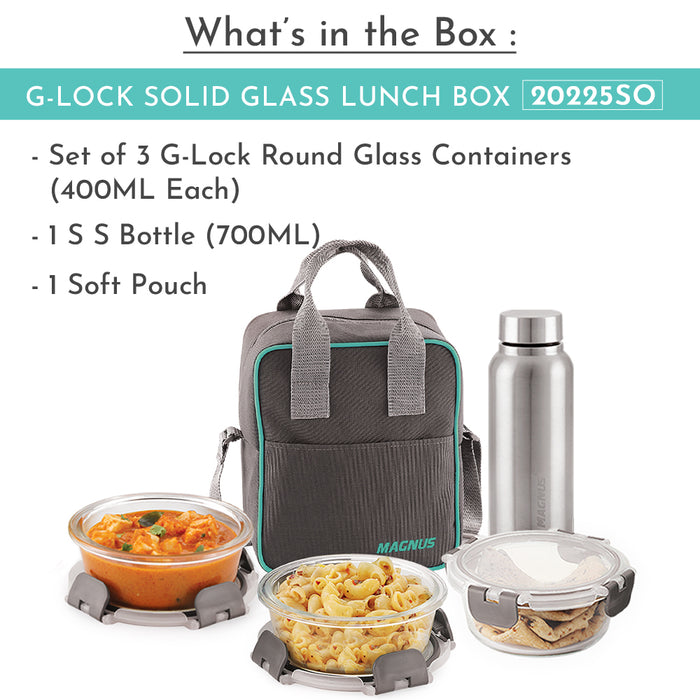 Magnus Glock Solid Glass Lunch Box with Vertical Pouch and Fixed Clip, 1 S S Bottle and 3 Round Airtight, Leakproof, Microwave Safe Borosilicate Glass Containers, 400 ML Each