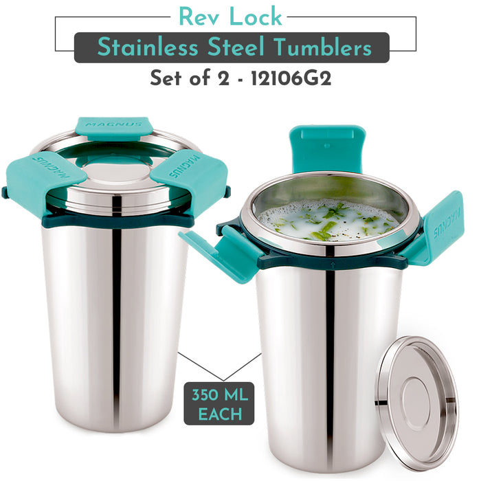 Magnus Stainless Steel Revlock Glass Glossy (350 ml) |Leak-Proof & Airtight Tumbler with Rev Lock Lid - Perfect for Travel, Office, and Kids | Ideal for Juice,Buttermilk |Sleek & Portable ( Pack of 2)