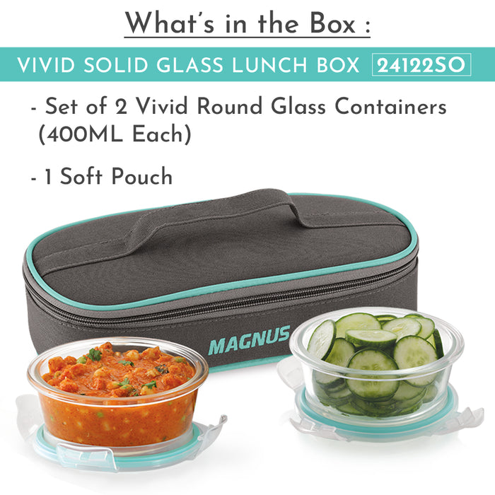 Magnus Vivid Glass Lunch Box with Flat Pouch and Fixed Clip, Includes 2 Round Airtight, Leakproof, Microwave Safe Borosilicate Glass Containers, 400 ML Each