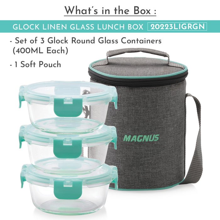 Magnus Glock Linen Glass Lunch Box with Vertical Pouch, 3 Round Borosilicate Glass Containers, 1200ML