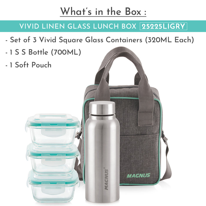 Magnus Vivid Glass Lunch Box with Linen Vertical Pouch and Fixed Clip, 1 SS Bottle (700 ml) & 3 Square Airtight,Leakproof,Microwave Safe Borosilicate Glass Containers,320 ML Each - Premium Lunch Boxes