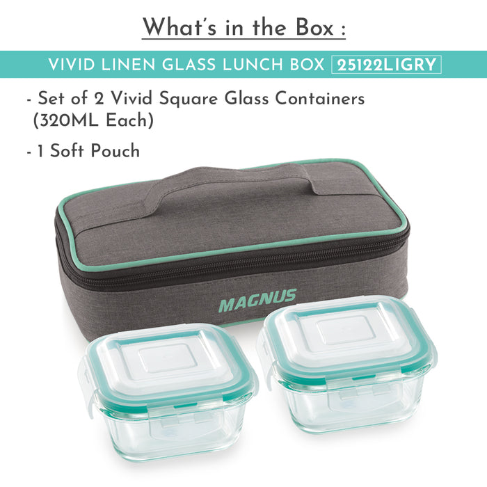 Magnus Vivid Glass Lunch Box with Linen Flat Pouch and Fixed Clip, Includes 2 Square Airtight, Leakproof, Microwave Safe Borosilicate Glass Containers, 320 ML Each - Premium Lunch Boxes