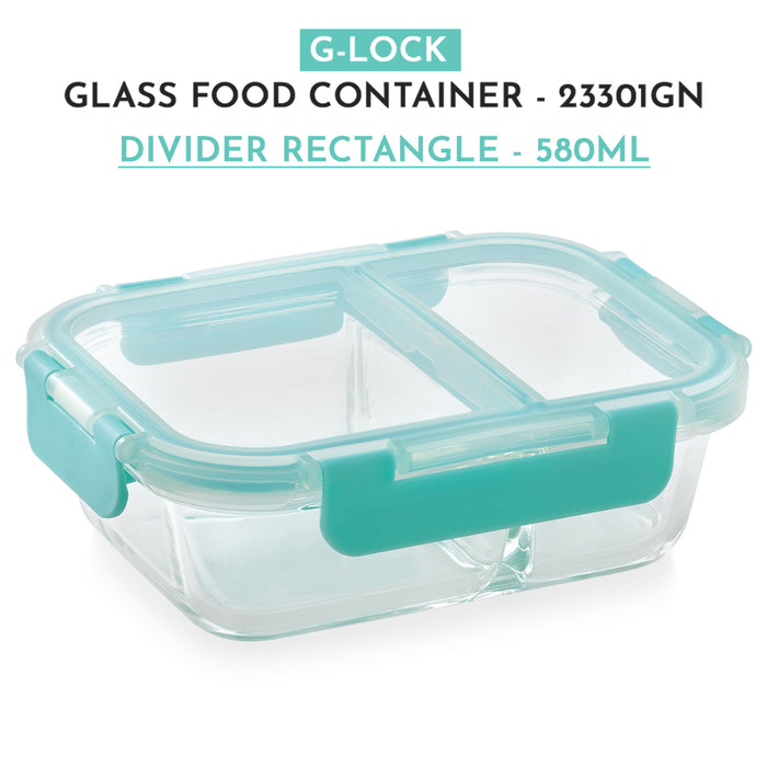 Glock Glass Food Divider Rectangle Container with Break-Free Detachable Lock, Oven & Microwave Safe Borosilicate Glass - 580ML | Green