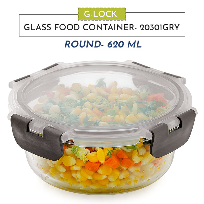 Magnus G-Lock Glass Food Round Container with Break-Free Detachable Lock – 620ML Borosilicate Glass, Oven & Microwave Safe Lunch Box – Kitchen Essentials for Office Men