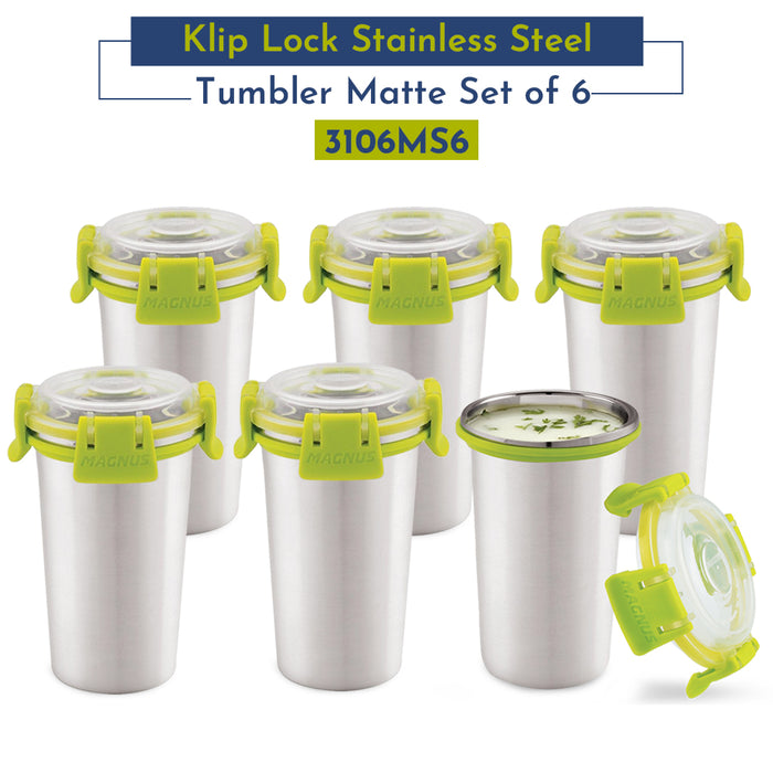 Magnus Stainless Steel Matte Klip Lock Tumbler with Lid and Straw - 350ml | Leak-Proof & Airtight Tumbler - Ideal for Travel, Office, Kids | Perfect for Juice, Buttermilk | Pack of 6