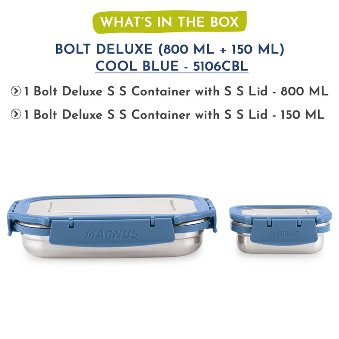 Magnus Bolt Deluxe Stainless Steel Lunch Box - Airtight & Leak Proof Tiffin, 2 Containers (800ml & 150ml), Ideal Lunch Box for Kids, Lunch Boxes for Office Men, Women & Picnic, Cool Blue