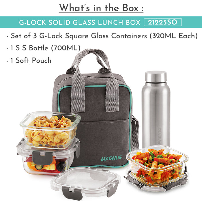 Magnus Glock Solid Glass Lunch Box with Vertical Pouch and Fixed Clip, 1 S S Bottle and 3 Square Airtight, Leakproof, Microwave Safe Borosilicate Glass Containers, 320 ML Each