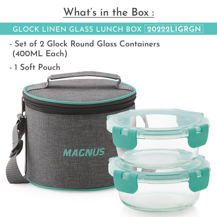 Magnus Glock Linen Glass Lunch Box with Vertical Pouch, 2 Round Borosilicate Glass Containers, 800ML