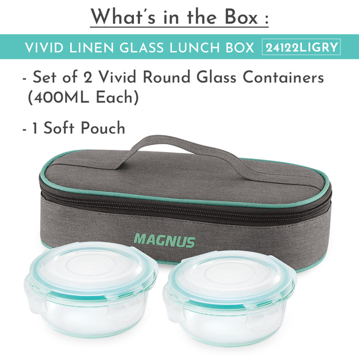 Magnus Vivid Glass Lunch Box with Linen Flat Pouch and Fixed Clip, Includes 2 Round Airtight, Leakproof, Microwave Safe Borosilicate Glass Containers, 400 ML Each - Premium Lunch Boxes