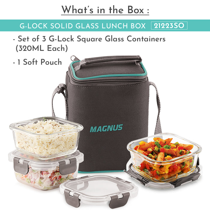 Magnus Glock Solid Glass Lunch Box with Vertical Pouch and Fixed Clip, Includes 3 Square Airtight, Leakproof, Microwave Safe Borosilicate Glass Containers, 320 ML Each