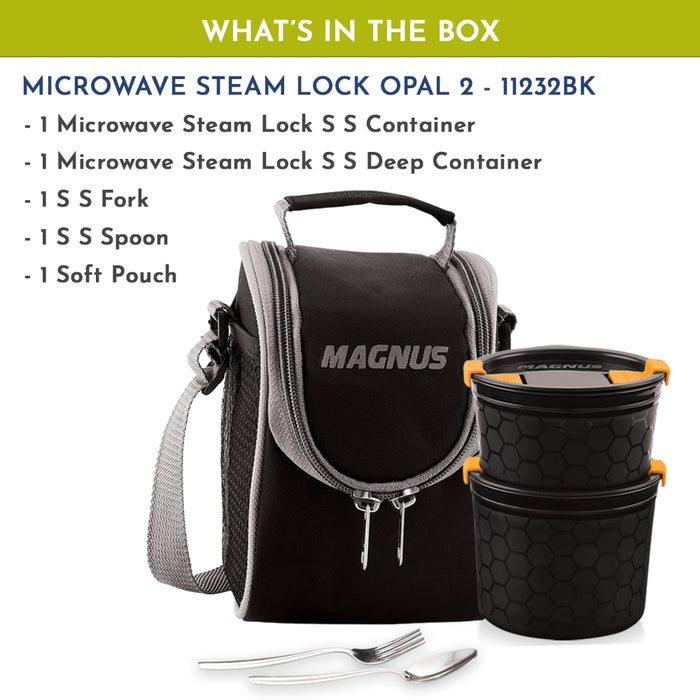 Magnus Opal-2 Microwave Steam Lock Stainless Steel Lunch Box Set - Leak-Proof Lunch Box for Kids, Men, Women | 350ml x 2 Tiffin Containers with Bag | Lunch Boxes for Office Men - Black