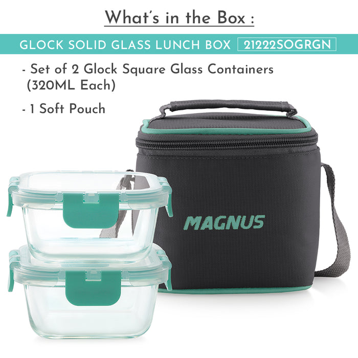 Magnus Glock Solid Glass Lunch Box with Vertical Pouch, 2 Square Borosilicate Glass Containers, 640 ML Each