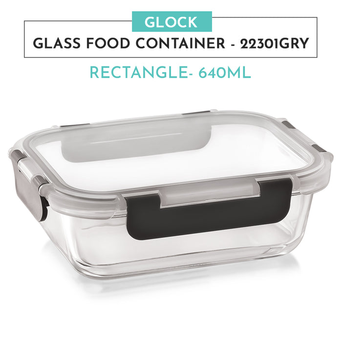 Magnus Glock Glass Food Rectangle Container with Break-Free Detachable Lock – Oven & Microwave Safe Borosilicate Glass 640ML – Lunch Box for Kitchen Essentials, Lunch Boxes for Office Men