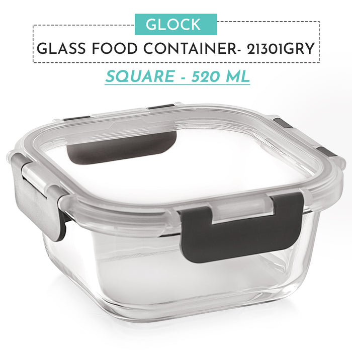 Magnus Glock Glass Food Square Container with Break-Free Detachable Lock – Oven & Microwave Safe Borosilicate Glass 520ML - Lunch Box, Kitchen Essentials, Lunch Boxes for Office Men