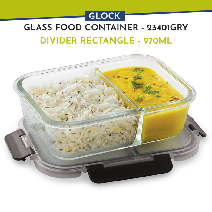 Glock Glass Food Divider Rectangle Container with Break-Free Detachable Lock, Oven & Microwave Safe Borosilicate Glass - 970ML