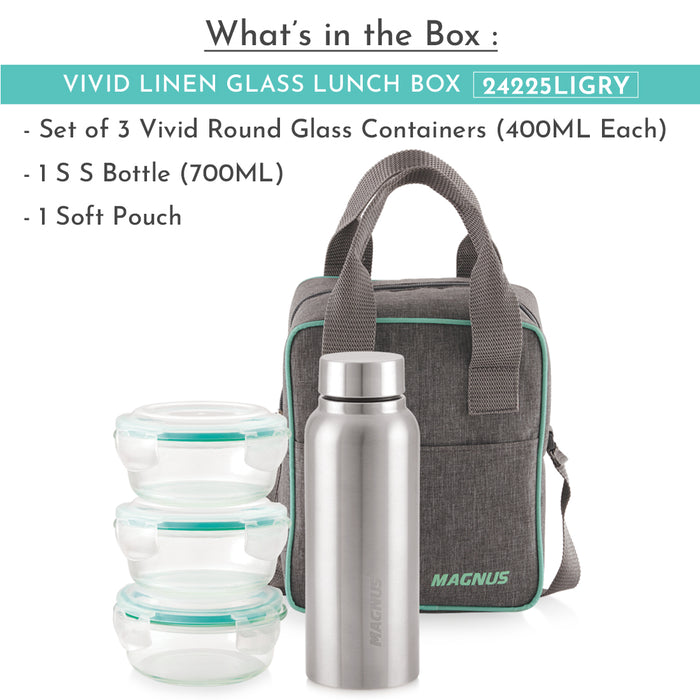 Magnus Vivid Glass Lunch Box with Linen Vertical Pouch and Fixed Clip, 1 SS Bottle (700 ml) & 3 Round Airtight,Leakproof,Microwave Safe Borosilicate Glass Containers, 400 ML Each - Premium Lunch Boxes