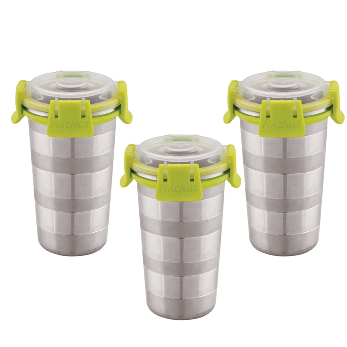 Magnus Stainless Steel Designer Klip Lock Tumbler with Lid and Straw - 350ml | Leak-Proof & Airtight Tumbler - Ideal for Travel, Office, Kids | Perfect for Juice, Buttermilk | Pack of 3