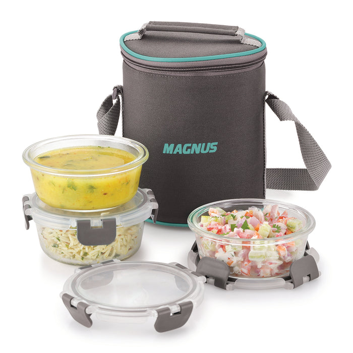 Magnus G-Lock Solid Lunch Box with Vertical Pouch & Detachable Clip, 3 Round Glass Containers 400 ML