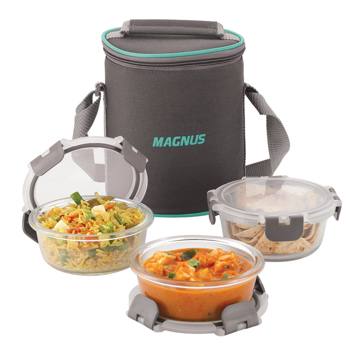 Magnus G-Lock Solid Lunch Box with Vertical Pouch & Detachable Clip, 3 Round Glass Containers 400 ML