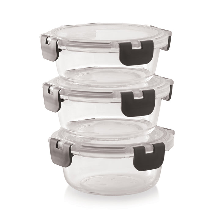 Magnus G-Lock Solid Lunch Box with Vertical Pouch & Detachable Clip, 3 Round Glass Containers 400 ML