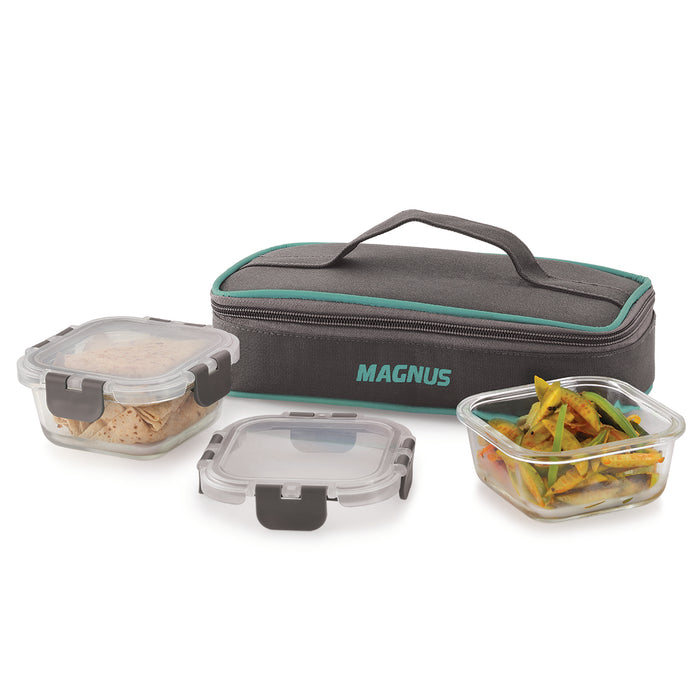 Magnus G-Lock Solid Lunch Box with Horizontal Pouch & Detachable Clip, 2 Square Glass Containers 320 ML